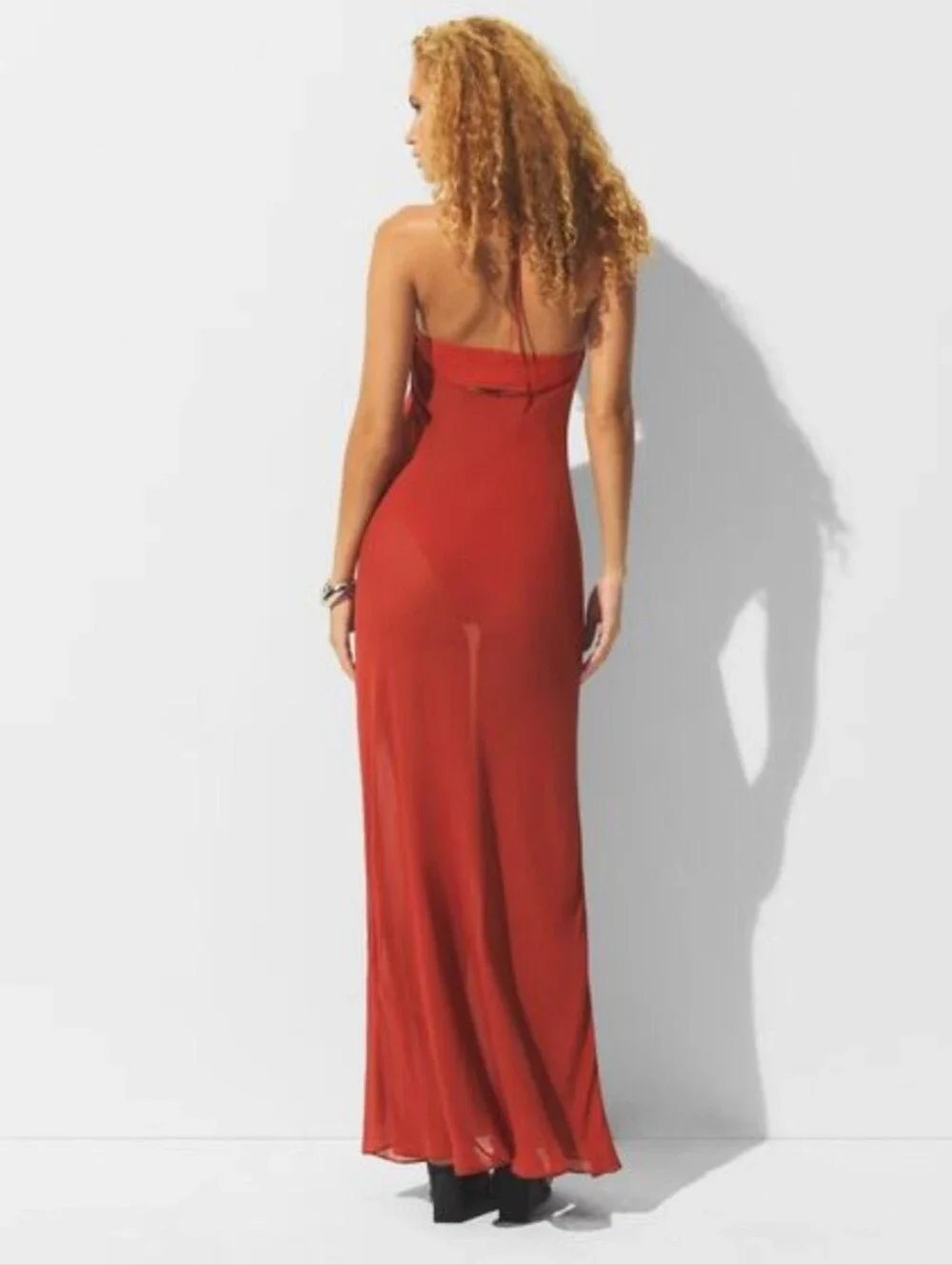 SKIMS SHEER COVER-UP LONG HALTER DRESS IN AUBURN